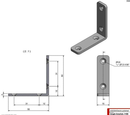 Roca vinkelbeslag 50x50x15mm set fra siden med skruer