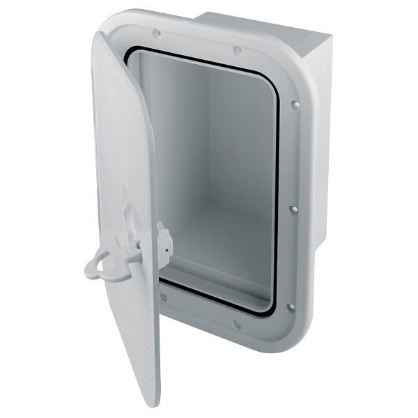 Sort indbygningsboks fra SeaTec set forfra med åben luge.