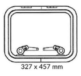 Frontvisning af 1852 skylight luge, 327 x 457 mm, til bådinventar.