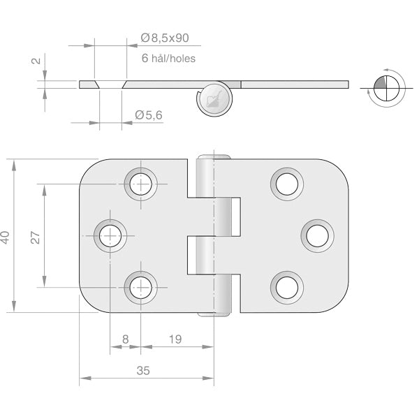 Billede af Roca hængsel 70x40mm i omvendt position, detalje af materialet AISI304.