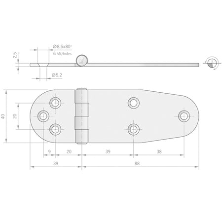 Roca hængsel monteret på båd, set fra siden