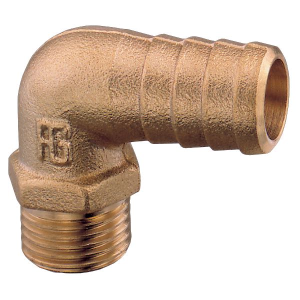 Guidi slangestuds med 90° vinkel og udvendigt gevind, fremstillede i messing.