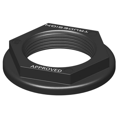 Trudesign møtrik 1 1/4" sort set forfra, egnet til skroggennemføring