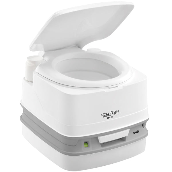 Porta Potti toilet qube 345 i hvid farve, set forfra med låg åbent