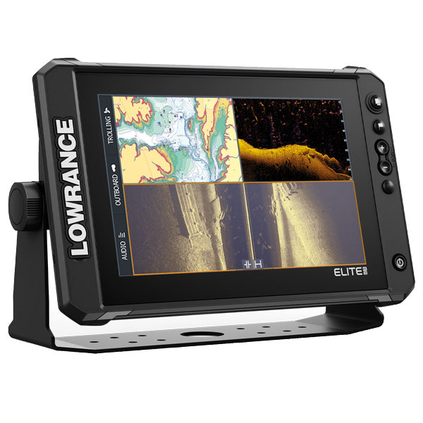 Lowrance Elite FS 10 i brug, der viser detaljeret søkort og fiskesøgningsresultater.