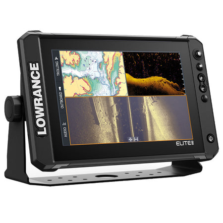 Lowrance Elite FS 10 i brug, der viser detaljeret søkort og fiskesøgningsresultater.