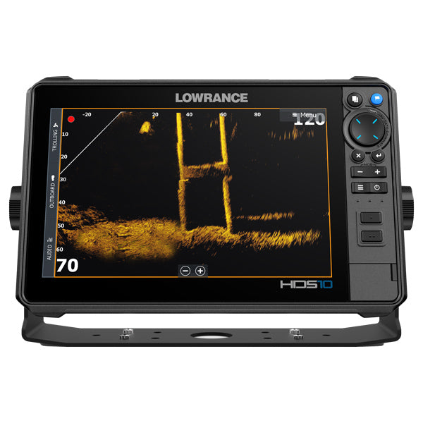 Sidevisning af Lowrance HDS-10 PRO installeret på en båd.