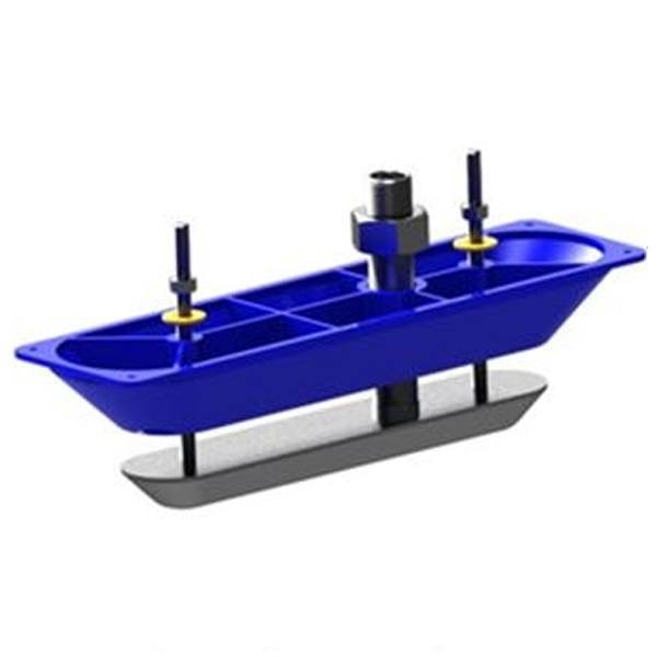 Navico gennemførings transducer i sort stål, set forfra på båd
