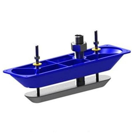 Navico gennemførings transducer i sort stål, set forfra på båd