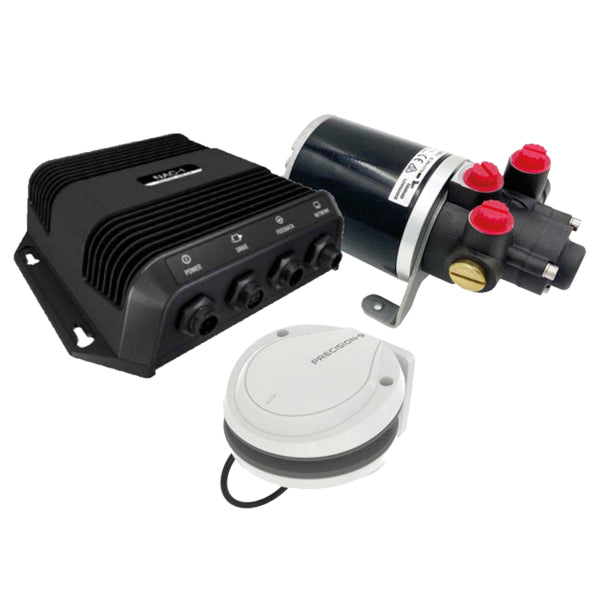 Navico hydraulisk autopilot med Precision-9 monteret på en båd, set fra siden.