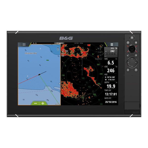 B&G Zeus3S navigationssystem vist fra forsiden med skærmaktiveret.