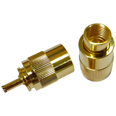 VHF stik PL259 til 10mm kabel med guldbelægning, set forfra.