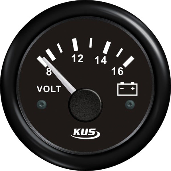 Kus voltmeter i sort farve til 12V, set forfra med tydelig skala.