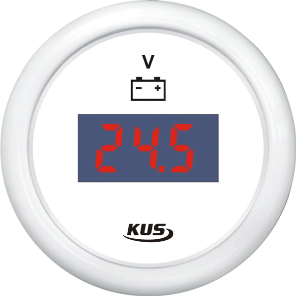 Kus digital voltmeter i hvid, vist i frontvinkel, til bådbrug.