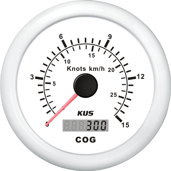Kus GPS speedometer i hvid farve, monteret på bådens instrumentbræt