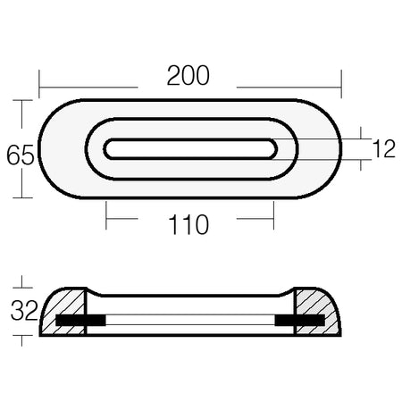 Tecnoseal zinkanode vist fra siden, designet til motorbåde.