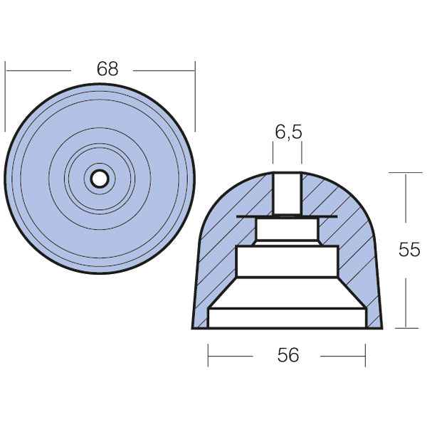 Detalje af Tecnoseal zinkanode, fokus på det slidstærke materiale.