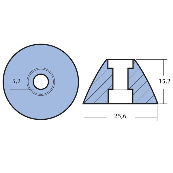 Teknisk illustration af Tecnoseal alu anode monteret på båd.