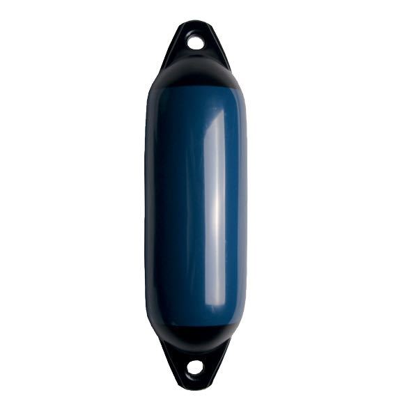 Majoni Star fender 15x58 navy med sort top, stående på en båd