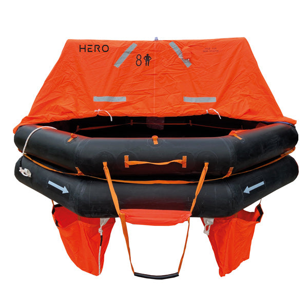Hero redningsflåde i kompakt design til 8 personer, set fra siden.