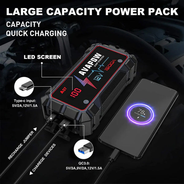 Avapow A9 jump starter med LED-lampe tændt