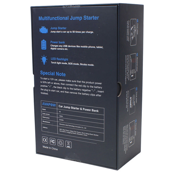 Avapow A9 jump starter set bagfra med tilsluttede kabler