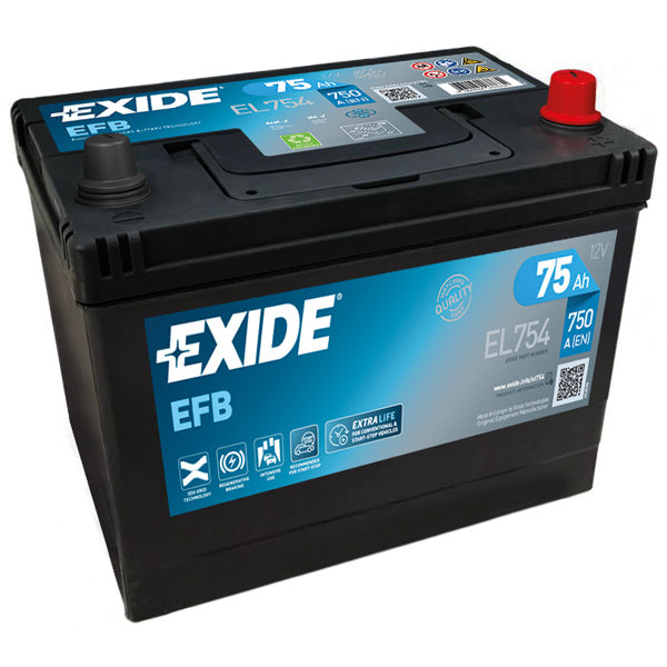 Exide batteri 75ah Dual EFB set forfra med modsat polstilling