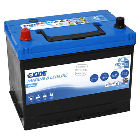 Exide Nautilus 80Ah batteri set fra siden, klar til montering.