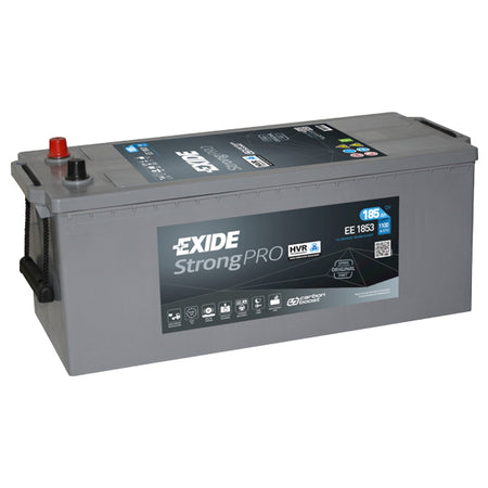 Exide 185Ah batteri set fra siden med mål og specifikationer