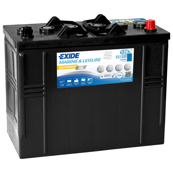 Exide batteri Nautilus 120Ah gel set fra siden med mål og forbindelser synlige
