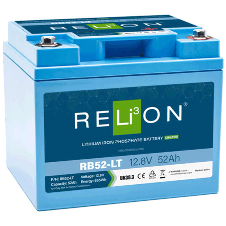 RELiON 12.8V 52Ah RB52-LT LiFePO4 batteri set fra siden, klar til installation