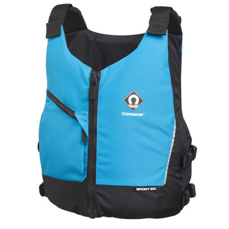 Crewsaver Sport 50N flydevest i blå set forfra, med justerbare stropper.