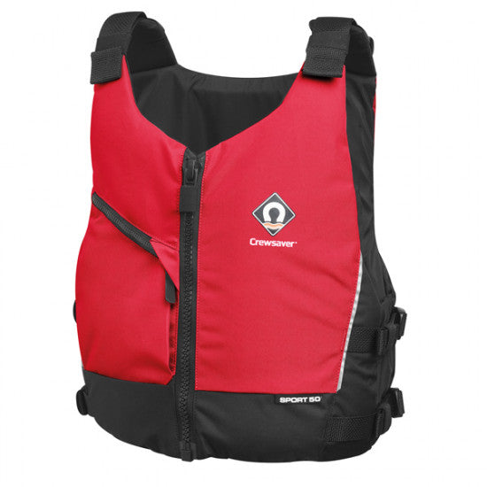 Crewsaver Sport 50N flydevest i rød, set forfra med justerbare spænder