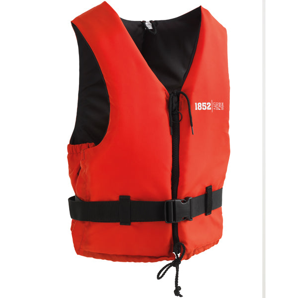 1852 svømmevest i rød og sort, designet til brugere over 90 kg, set fra fronten.