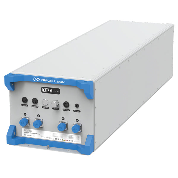 Epropulsion batteri G102-230 set fra siden med kabler tilsluttet