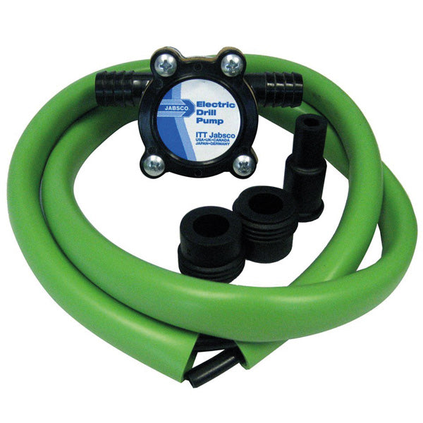 Jabsco drill pumpe til olie, set fra siden med slange