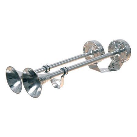 SeaTec trompet horn i rustfrit stål, rødt og hvidt design, monteret på båd