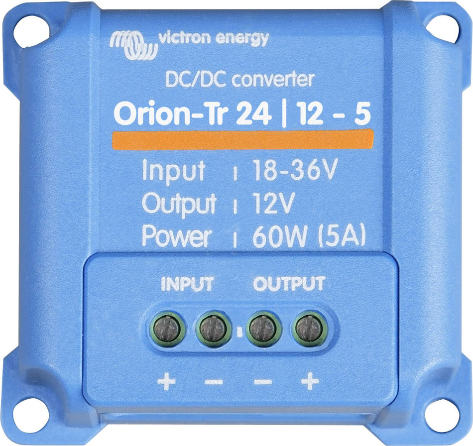 Victron Orion-Tr omformer set fra siden med logo tydeligt synligt