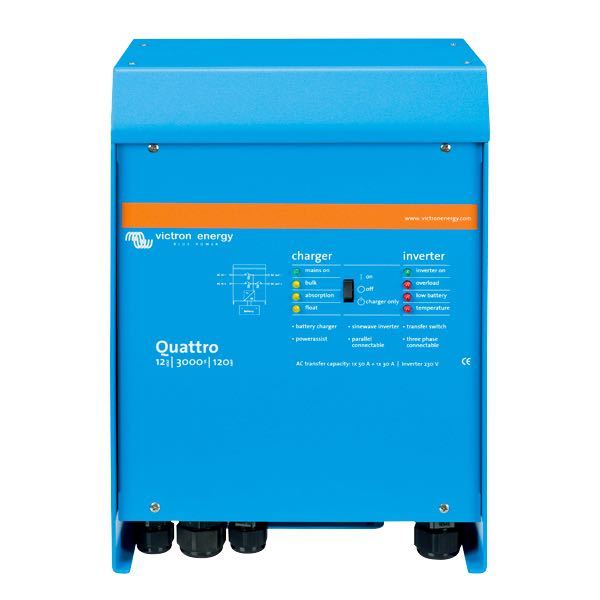 Victron inverter/lader quattro set fra siden, klar til installation i båd.