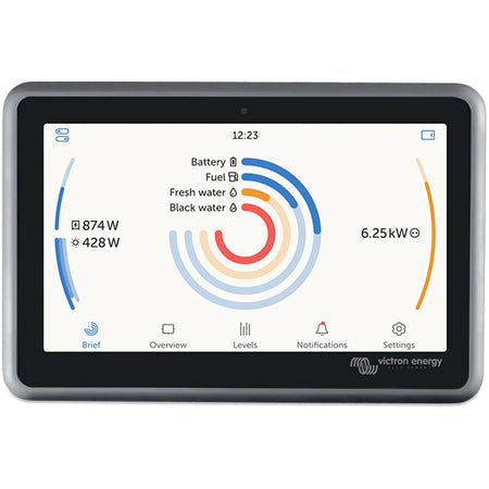 Bagbekendtsyn af Victron Ekrano GX panel, der viser tilslutninger
