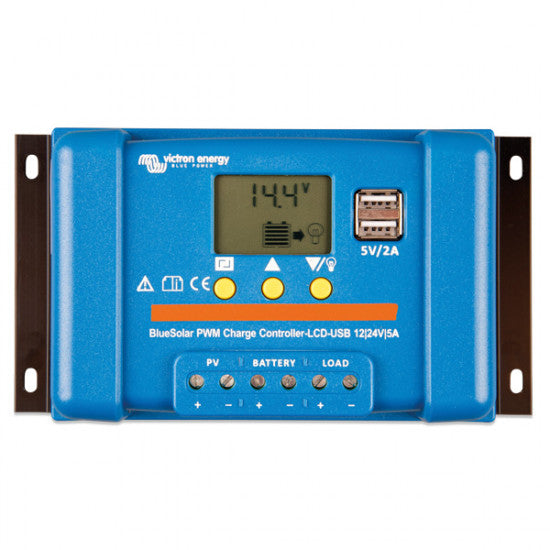 Victron BlueSolar PWM-LCD regulatoren set forfra med skærm og tilslutninger.