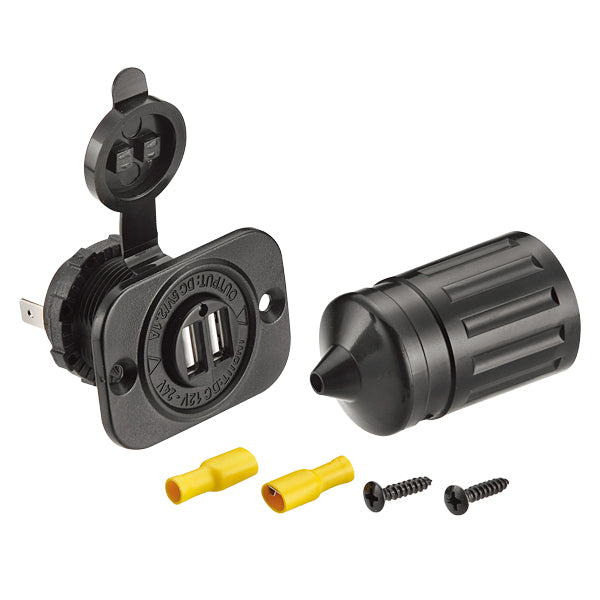SeaTec vandtæt USB udtag i 12V med 5V 2,1Amp, set forfra
