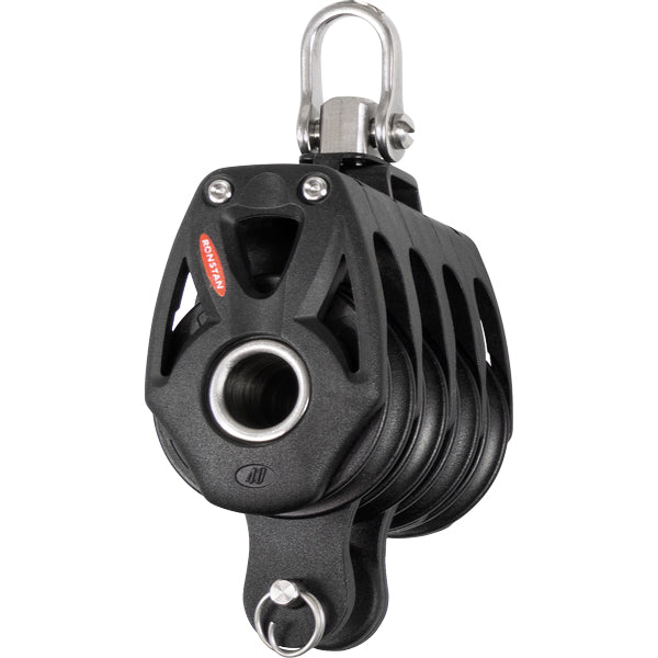 Ronstan Orbit quadblok serie 40 set fra siden, med svæve- og hunds beslag.