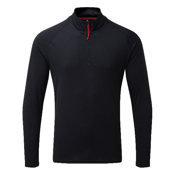 Gill UV009 mænds langærmet zip T-shirt i navy, set forfra.