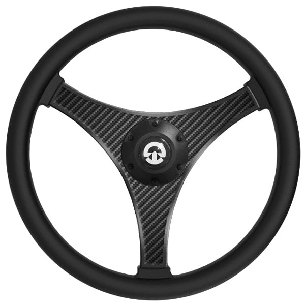 Riviera rat i carbon, sort, Ø350mm, set forfra med båd i baggrunden.
