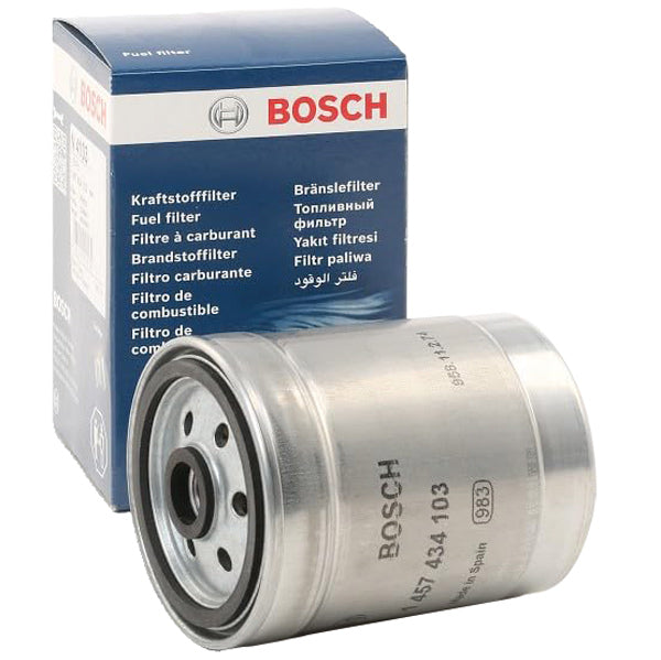 Bosch brændstoffilter N4103 set fra siden, fremhæver den korte 126mm længde.