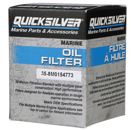 Quicksilver 8M0154773 oliefilter med 20-mikron filtrering, set fra siden