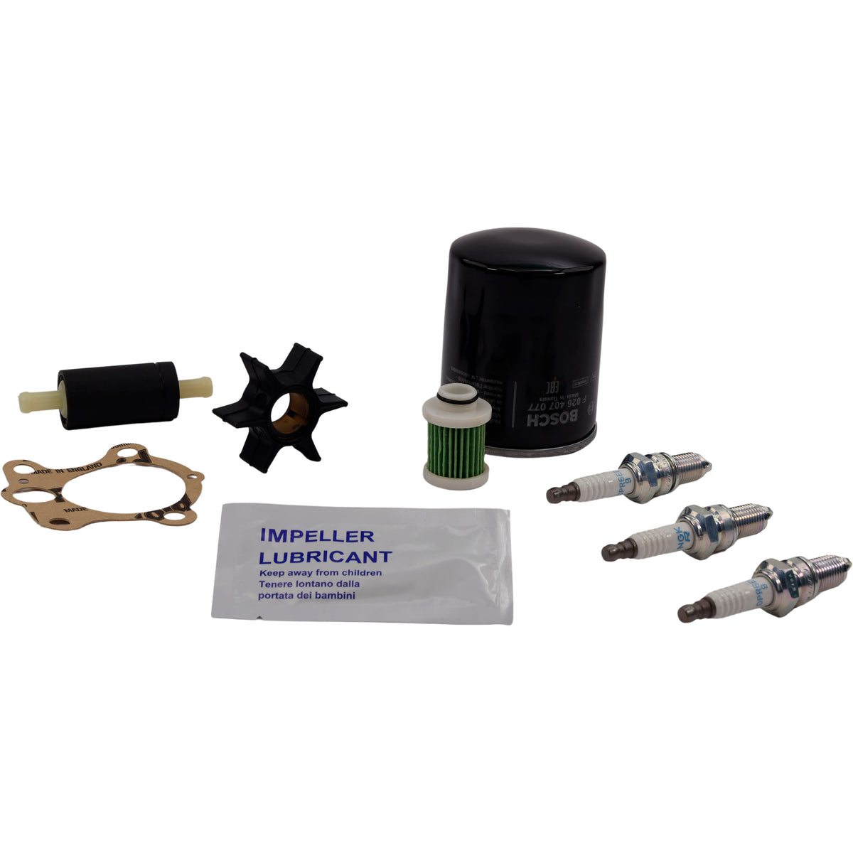 SeaTec Yamaha Servicekit til F30B og F40F set op fra siden.