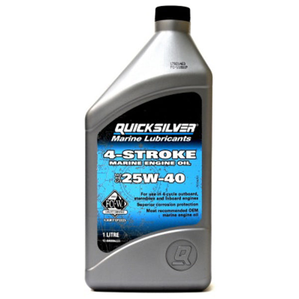 Quicksilver 25W-40 motorolie i 4 liters dunk med label synlig