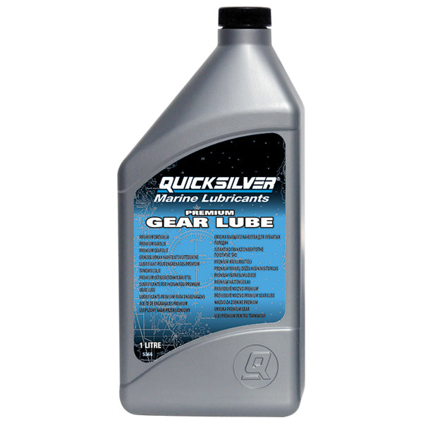 Quicksilver Premium gear lube 1L set mod en neutral baggrund, tydelig flaskeform